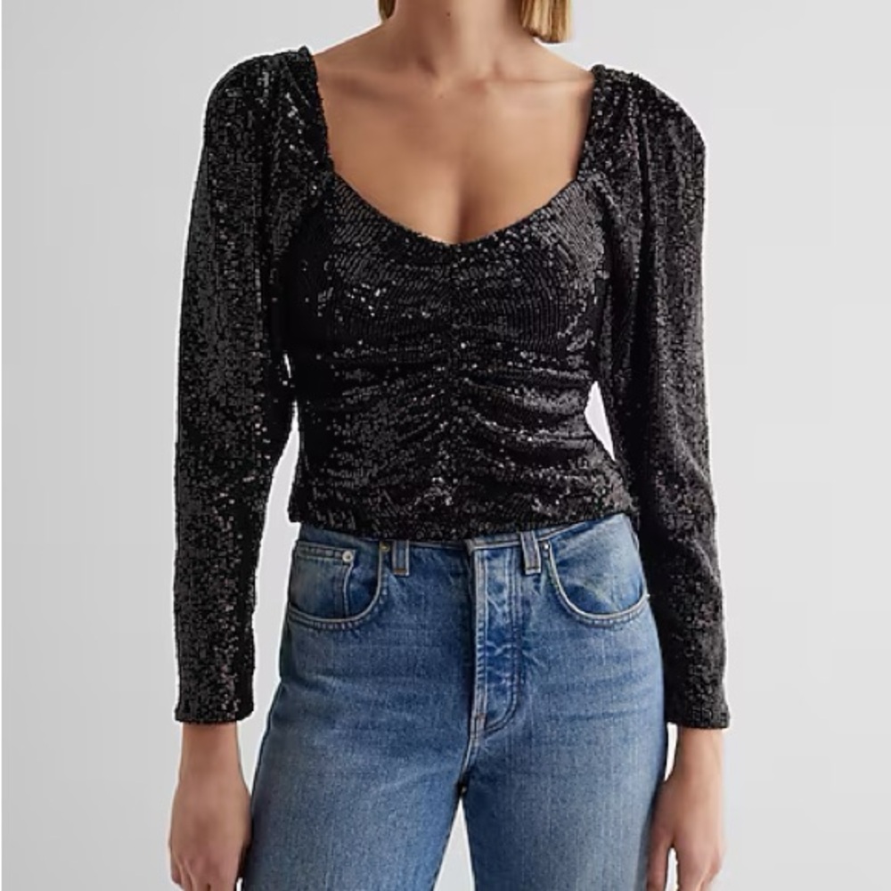 Express Black Sequin Scoop-Neck Long Sleeve Top